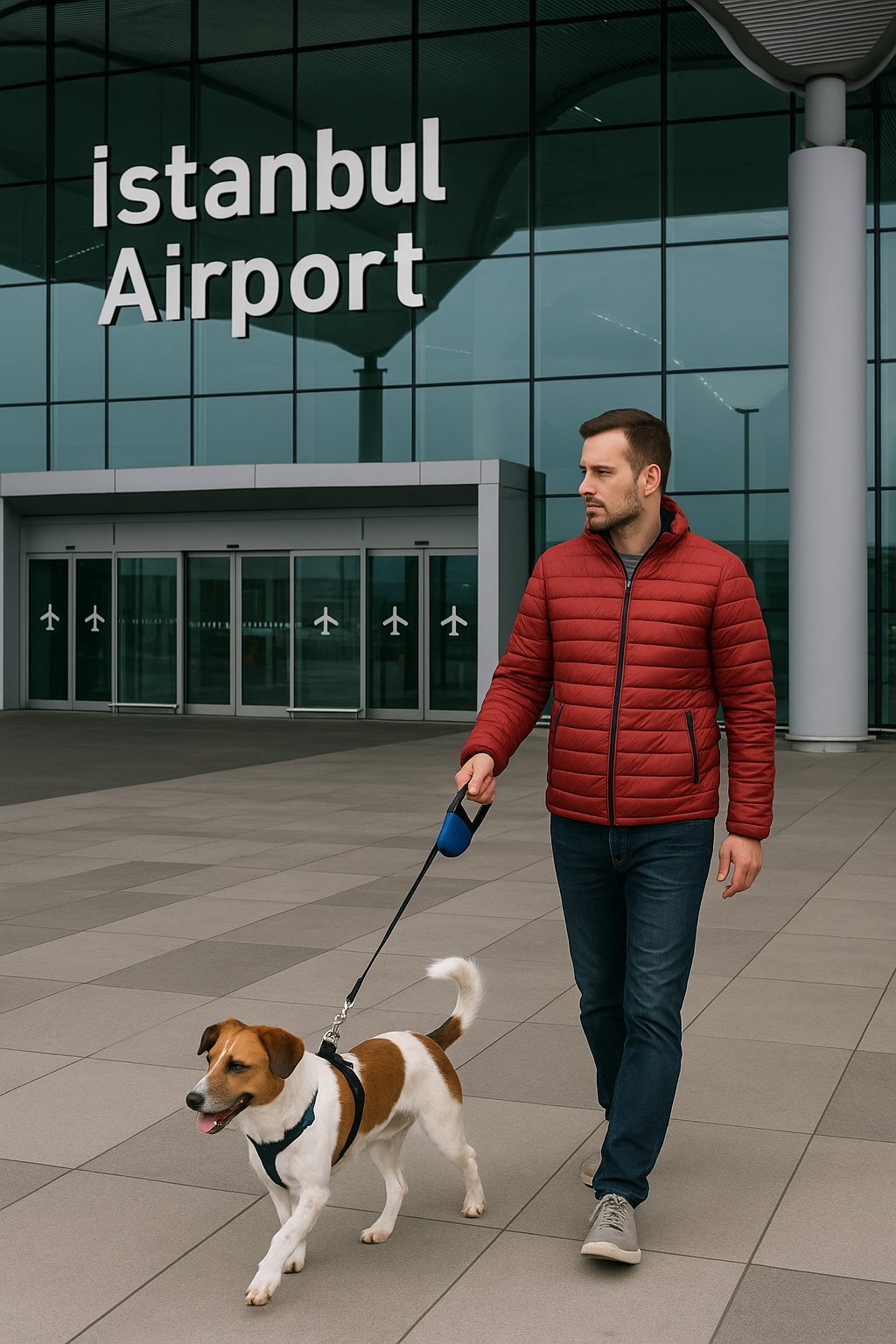Havalimanı Transferi - tasmalı köpek ile İstanbul Havalimanı girişi